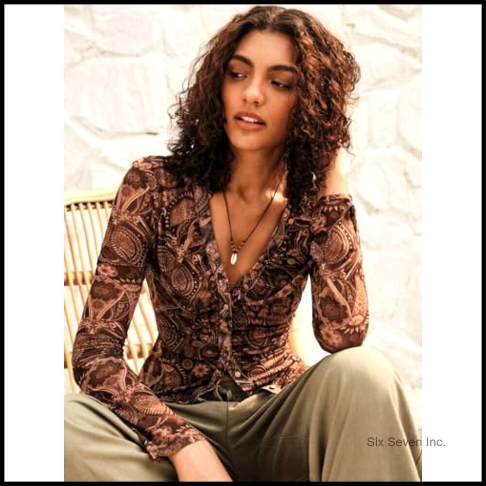 Boho Paisley Print Button Down Shirt Y2K Retro Long Sleeve Fitted Top - Picture 4 of 5